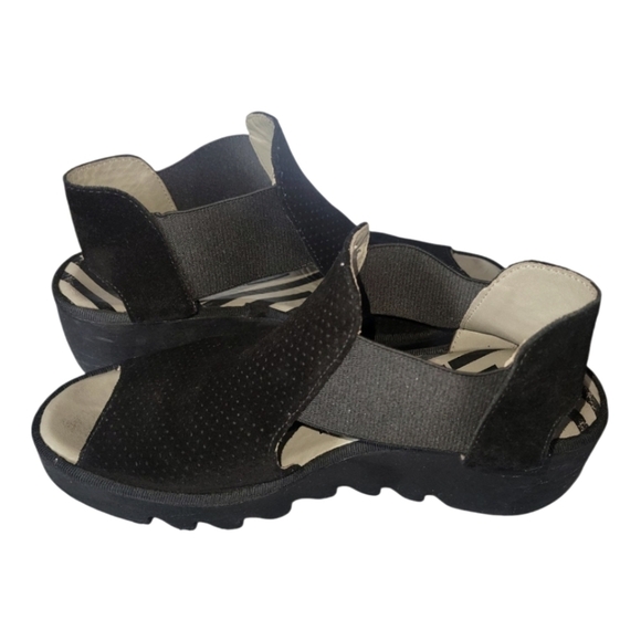 Fly London Biga Wedge Women's Suede Black Peep-Toe Sandals Sz 10 EU 41 - Picture 4 of 9